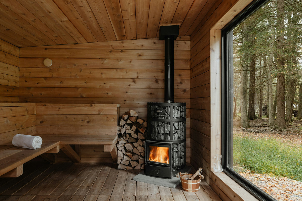 Calm wooden sauna with a window onto the forest